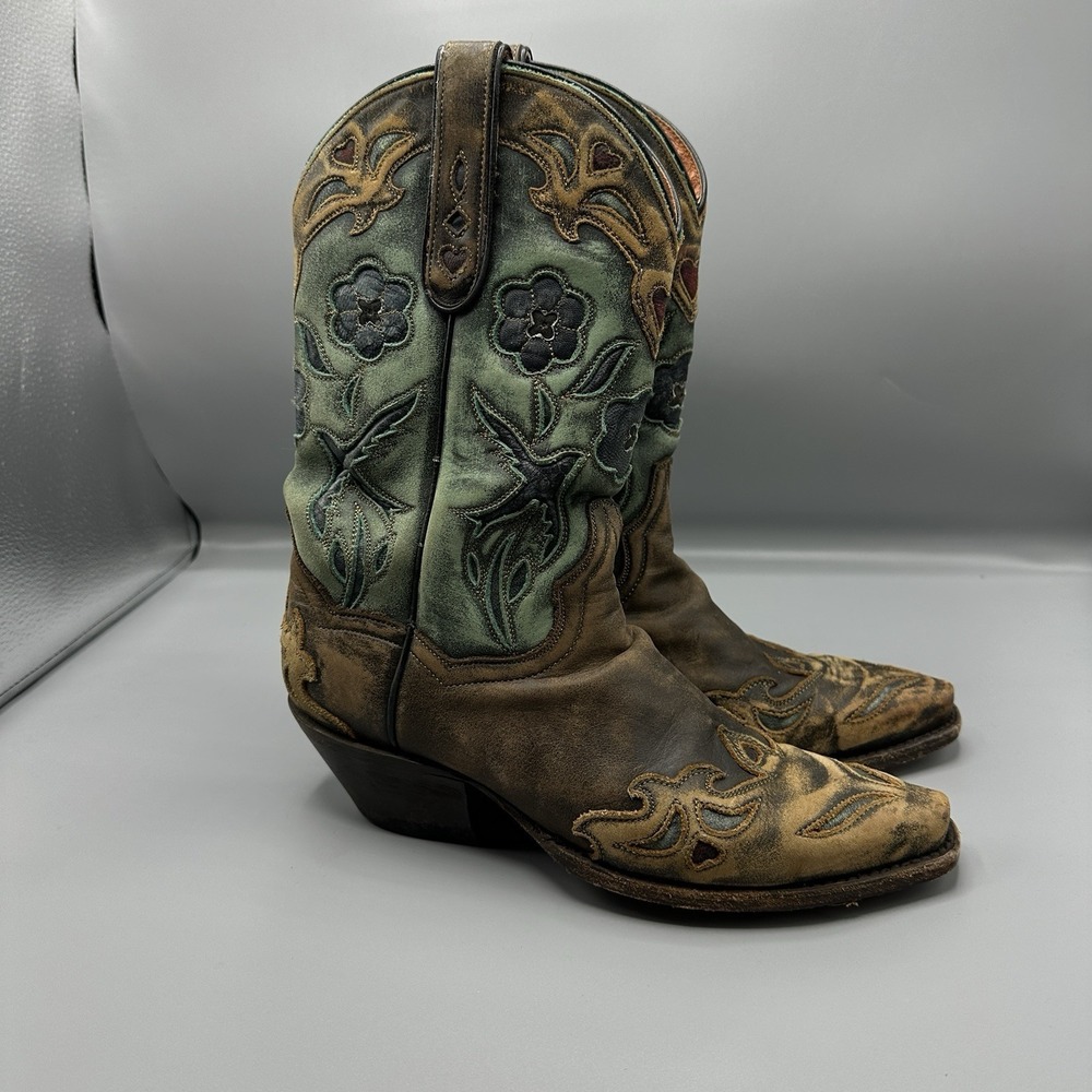 Dan Post Boots Blue Bird Floral TooledInlay Snip Toe Cowboy Womens Brown Casual - Picture 3 of 8